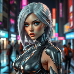 A futuristic, attractive female android with striking features, glowing blue eyes, and sleek silver hair