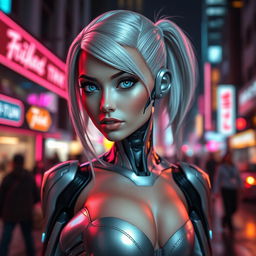 A futuristic, attractive female android with striking features, glowing blue eyes, and sleek silver hair