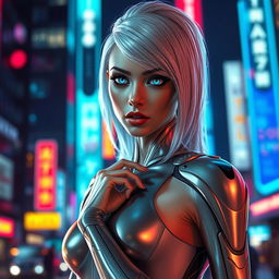 A futuristic, attractive female android with striking features, glowing blue eyes, and sleek silver hair