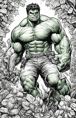 A high-quality, intricate coloring page featuring the Marvel character, the Incredible Hulk, drawn in the detailed and whimsical style of Peta Hewitt