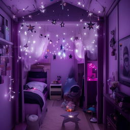 A modern room reflecting tomboy and girly aesthetics, color palette with shades of purple, black, white, and grey. Room is adorned with fairy, moon, star lights, and elements related to anime, kdrama, and Sanatan Dharma.