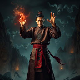 A young Vietnamese Feng Shui Master, dressed in traditional garments with intricate patterns, expertly wielding magical talismans and incantations, stands bravely in a dark, hellish landscape