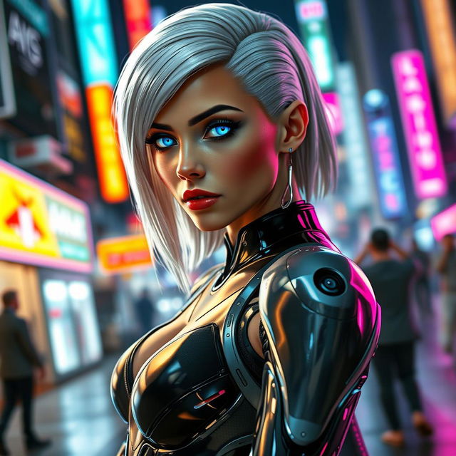 A futuristic, attractive female android with striking features, glowing blue eyes, and sleek silver hair