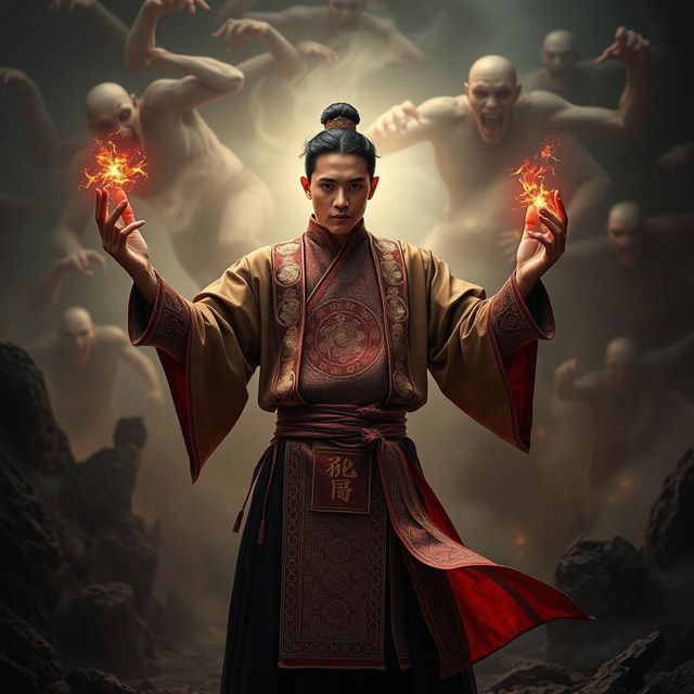 A young Vietnamese Feng Shui Master, dressed in traditional garments with intricate patterns, expertly wielding magical talismans and incantations, stands bravely in a dark, hellish landscape