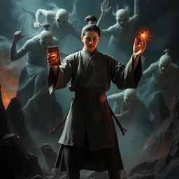 A young Vietnamese Feng Shui Master, dressed in traditional garments with intricate patterns, expertly wielding magical talismans and incantations, stands bravely in a dark, hellish landscape