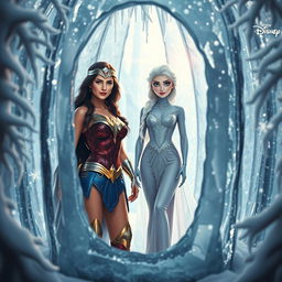 A stunning scene featuring Wonder Woman and Elsa dressed in elegant, hot dresses, standing together inside a glimmering ice cage