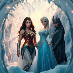 A stunning scene featuring Wonder Woman and Elsa dressed in elegant, hot dresses, standing together inside a glimmering ice cage