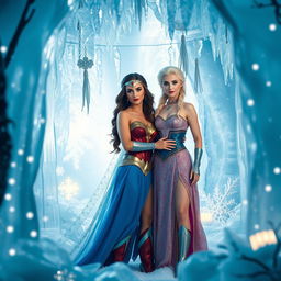 A stunning scene featuring Wonder Woman and Elsa dressed in elegant, hot dresses, standing together inside a glimmering ice cage
