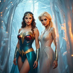 A stunning scene featuring Wonder Woman and Elsa dressed in elegant, hot dresses, standing together inside a glimmering ice cage