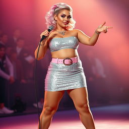 A stunning 18-year-old chubby girl with a tight rounded belly and thick thighs, standing full-length in a pose that showcases her confidence