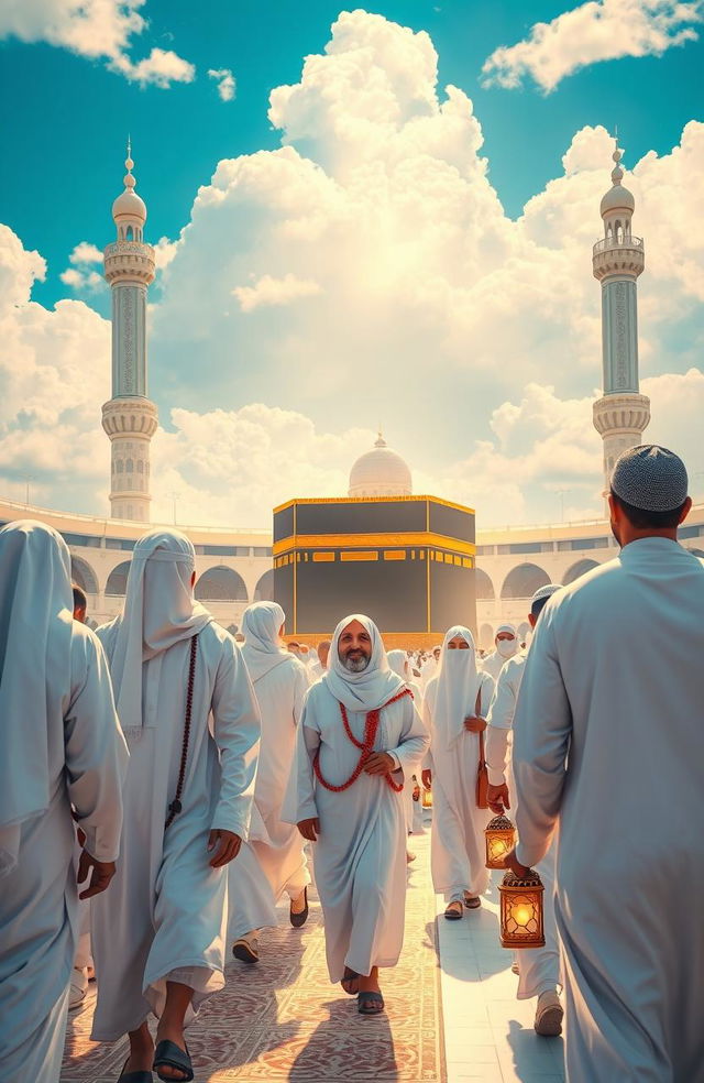 A captivating scene depicting the journey of longingly awaited pilgrims on their way to perform Hajj and Umrah