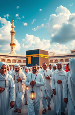 A captivating scene depicting the journey of longingly awaited pilgrims on their way to perform Hajj and Umrah