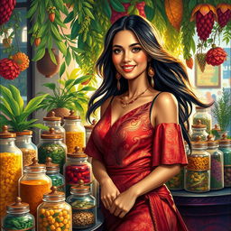 A beautiful and sensual painting of an elegant traditional herbal medicine seller (jamu) showcasing a variety of colorful herbal concoctions