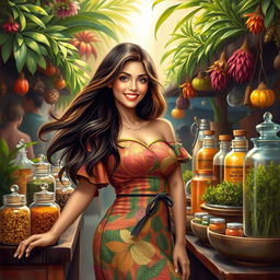 A beautiful and sensual painting of an elegant traditional herbal medicine seller (jamu) showcasing a variety of colorful herbal concoctions