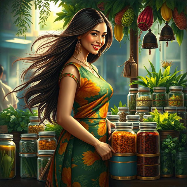 A beautiful and sensual painting of an elegant traditional herbal medicine seller (jamu) showcasing a variety of colorful herbal concoctions