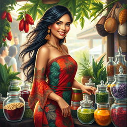 A beautiful and sensual painting of an elegant traditional herbal medicine seller (jamu) showcasing a variety of colorful herbal concoctions