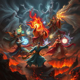 A group of Vietnamese immortals, each showcasing unique and traditional attire, engage in a fierce battle against a horde of ethereal ghosts in a chaotic hellish landscape