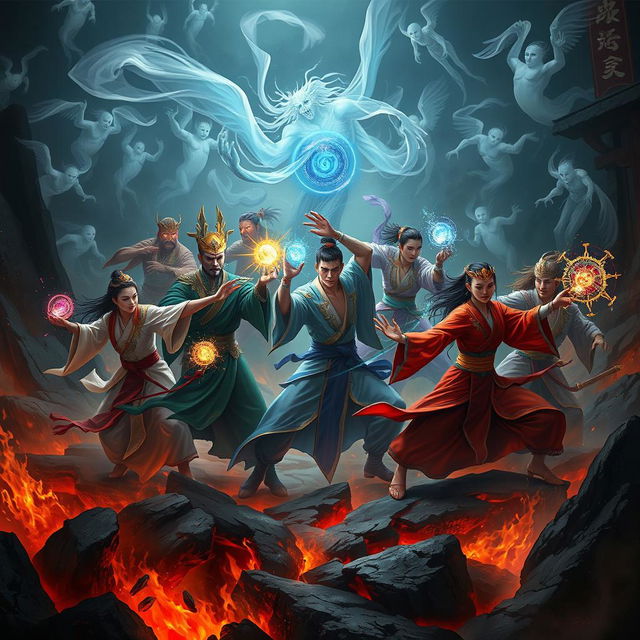 A group of Vietnamese immortals, each showcasing unique and traditional attire, engage in a fierce battle against a horde of ethereal ghosts in a chaotic hellish landscape