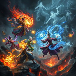 A group of Vietnamese immortals, each showcasing unique and traditional attire, engage in a fierce battle against a horde of ethereal ghosts in a chaotic hellish landscape