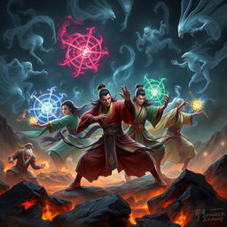 A group of Vietnamese immortals, each showcasing unique and traditional attire, engage in a fierce battle against a horde of ethereal ghosts in a chaotic hellish landscape