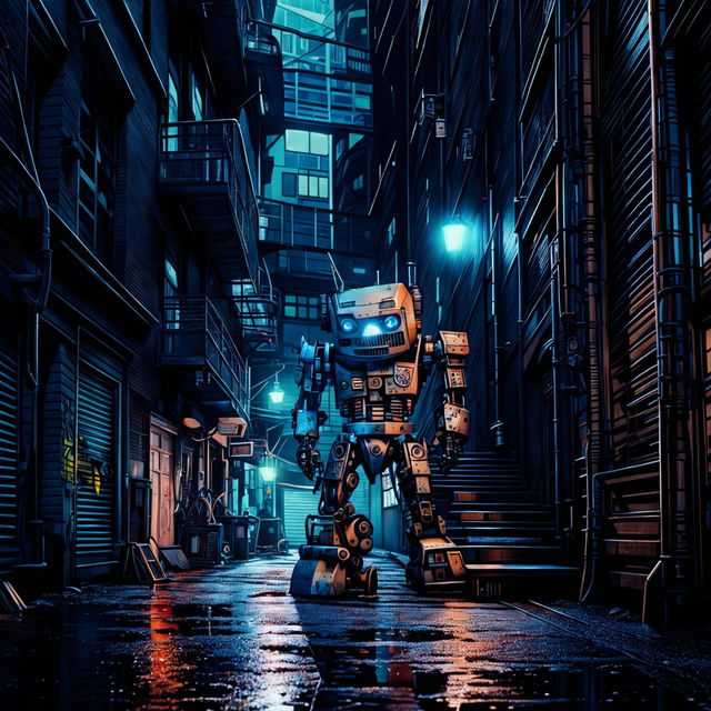 A high-resolution 36k photograph of a cyberpunk alleyway, featuring a graffiti-covered dumpster, a fire escape stairwell, and a small robot sweeping litter