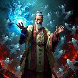 A Vietnamese Feng Shui Master, depicted as a middle-aged man with a serene yet determined expression, clad in traditional robes adorned with intricate symbols, stands firmly in a chaotic hellish environment