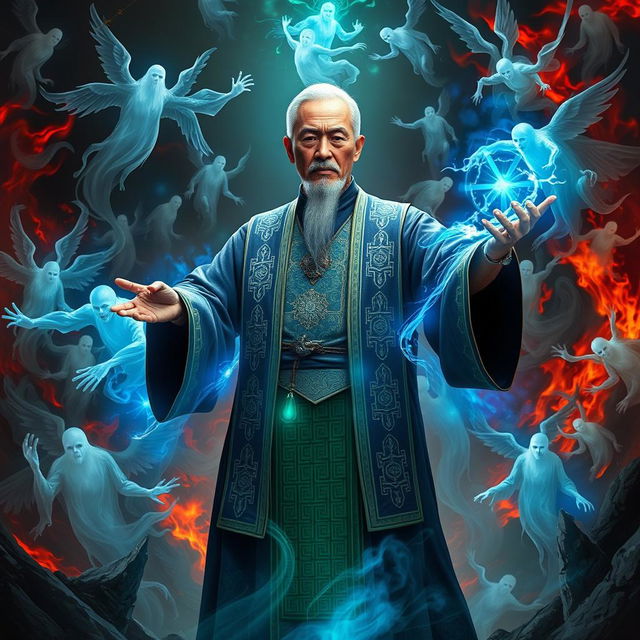 A Vietnamese Feng Shui Master, depicted as a middle-aged man with a serene yet determined expression, clad in traditional robes adorned with intricate symbols, stands firmly in a chaotic hellish environment