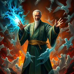 A Vietnamese Feng Shui Master, depicted as a middle-aged man with a serene yet determined expression, clad in traditional robes adorned with intricate symbols, stands firmly in a chaotic hellish environment