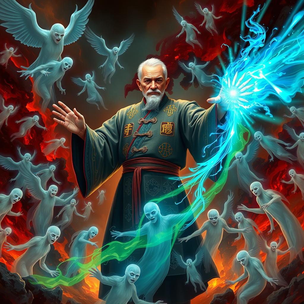 A Vietnamese Feng Shui Master, depicted as a middle-aged man with a serene yet determined expression, clad in traditional robes adorned with intricate symbols, stands firmly in a chaotic hellish environment