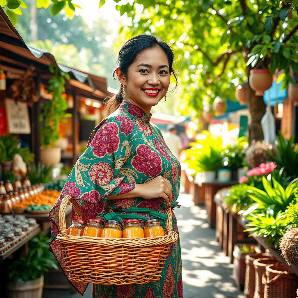 A beautiful and elegant traditional herbal medicine seller (jamu gendong) in a vibrant outdoor market