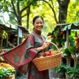 A beautiful and elegant traditional herbal medicine seller (jamu gendong) in a vibrant outdoor market