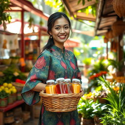 A beautiful and elegant traditional herbal medicine seller (jamu gendong) in a vibrant outdoor market