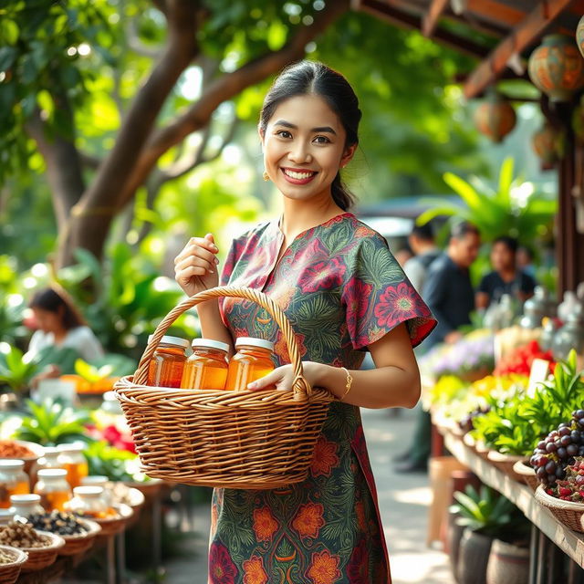 A beautiful and elegant traditional herbal medicine seller (jamu gendong) in a vibrant outdoor market