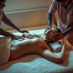 A serene and intimate scene set in a beautifully lit bedroom where a young Indian woman, 18 years old, is lying flat on a plush bed, her body completely nude and relaxed