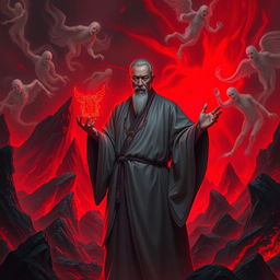 A Vietnamese Feng Shui Master, depicted as a solemn yet determined figure in traditional robes, stands amidst a chaotic hellish landscape bathed in a haunting red ghost light