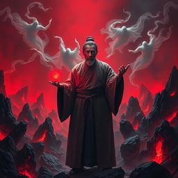 A Vietnamese Feng Shui Master, depicted as a solemn yet determined figure in traditional robes, stands amidst a chaotic hellish landscape bathed in a haunting red ghost light