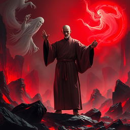 A Vietnamese Feng Shui Master, depicted as a solemn yet determined figure in traditional robes, stands amidst a chaotic hellish landscape bathed in a haunting red ghost light