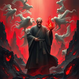 A Vietnamese Feng Shui Master, depicted as a solemn yet determined figure in traditional robes, stands amidst a chaotic hellish landscape bathed in a haunting red ghost light