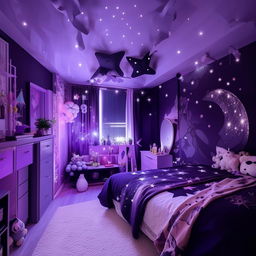 A modern room reflecting tomboy and girly aesthetics, color palette with shades of purple, black, white, and grey. Room is adorned with fairy, moon, star lights, and elements related to anime, kdrama, and Sanatan Dharma.