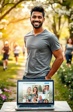 A motivational and uplifting scene of a man standing confidently in a park, surrounded by blooming flowers and greenery, symbolizing growth and transformation