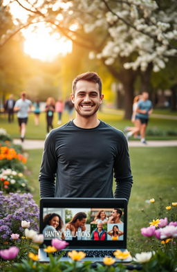 A motivational and uplifting scene of a man standing confidently in a park, surrounded by blooming flowers and greenery, symbolizing growth and transformation