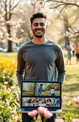 A motivational and uplifting scene of a man standing confidently in a park, surrounded by blooming flowers and greenery, symbolizing growth and transformation
