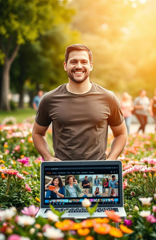 A motivational and uplifting scene of a man standing confidently in a park, surrounded by blooming flowers and greenery, symbolizing growth and transformation