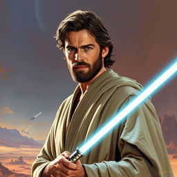 A stunning depiction of Henry Cavill as a Star Wars Jedi, illustrated in the iconic style of Ralph McQuarrie