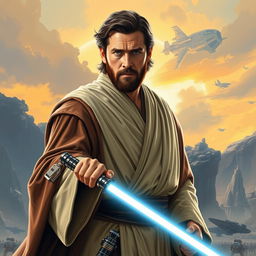 A stunning depiction of Henry Cavill as a Star Wars Jedi, illustrated in the iconic style of Ralph McQuarrie