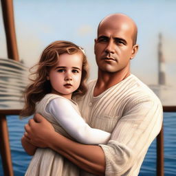 A digital art piece depicting Billy Zane from the Titanic movie saying 'I have a child', holding a child in his arms on the deck of the Titanic