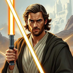 A stunning depiction of Henry Cavill as a Star Wars Jedi, illustrated in the iconic style of Ralph McQuarrie