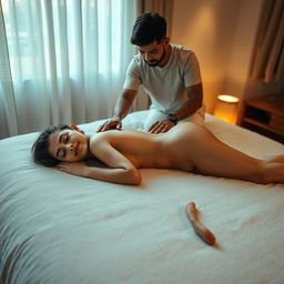 A serene and intimate scene set in a peaceful bedroom where a young Indian woman, 18 years old, is lying flat on a plush bed, her body completely nude and relaxed