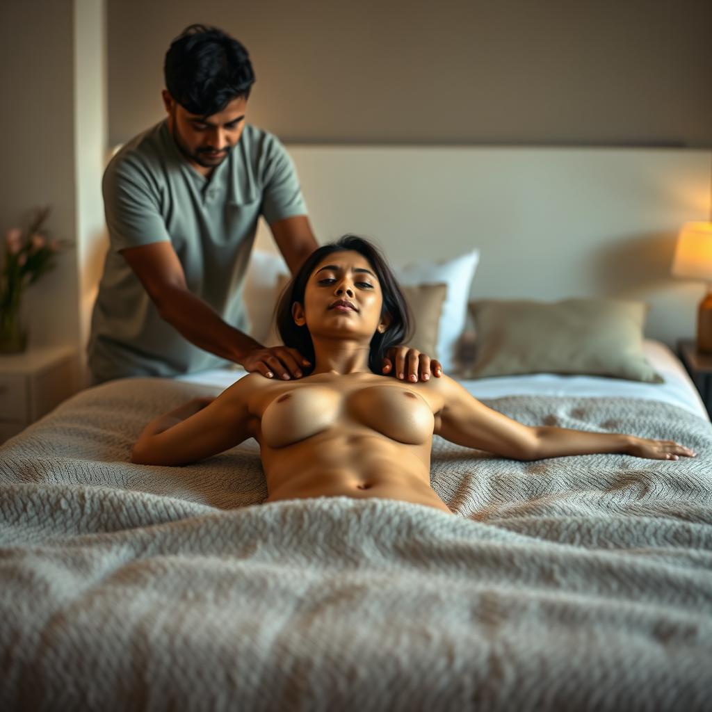 A serene and intimate scene set in a tranquil bedroom where a young Indian woman, 18 years old, is lying flat on a plush bed, her body completely nude and relaxed