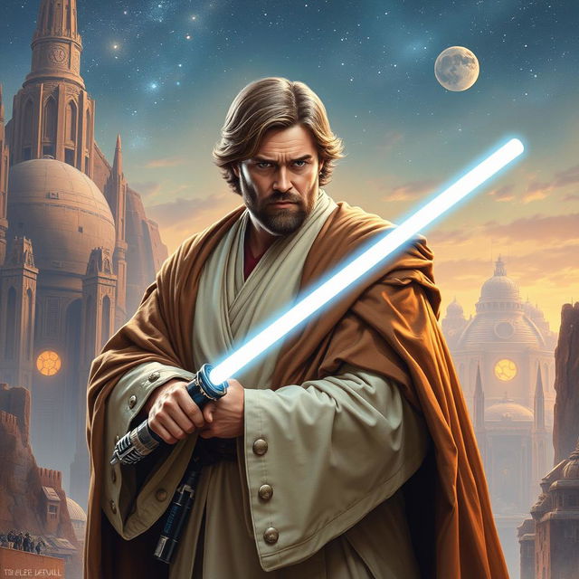 A captivating illustration of Henry Cavill as a Star Wars Jedi, portrayed in the imaginative sci-fi art style of Ralph McQuarrie